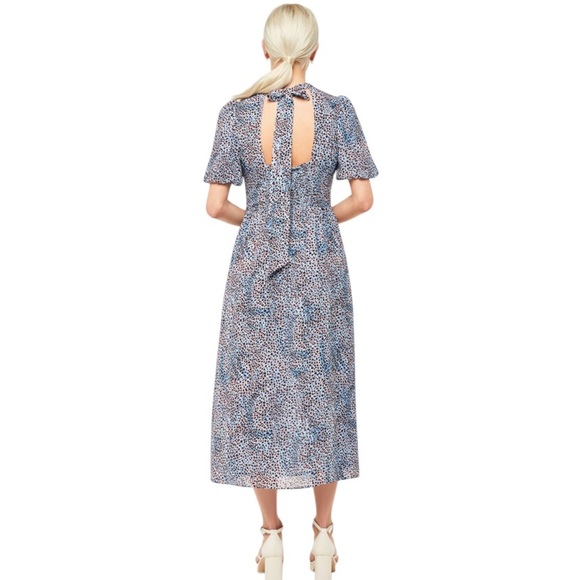 Whistles Blair Puff Sleeve Dress Women's Blue Midi Feminine Open Back Bow - Picture 2 of 13